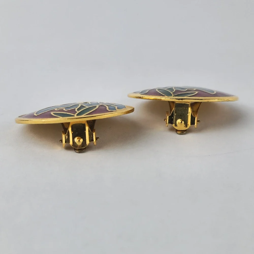 Vintage Cloisonné Iris Flower Clip‎ On Earrings Red Blue Gold Tone Enamel Floral